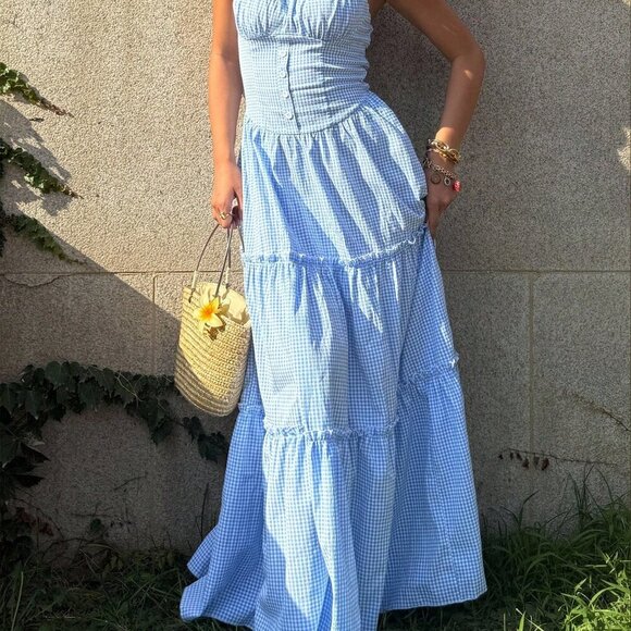 Blue And White Casual Women's Plaid Ruffle Trim Waist Strap Dress - Picture 6 of 7